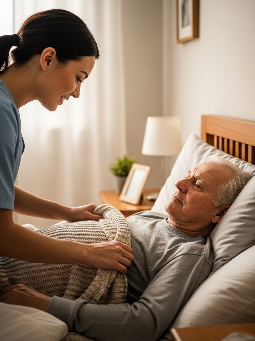 adjusting blanket for an elderly man